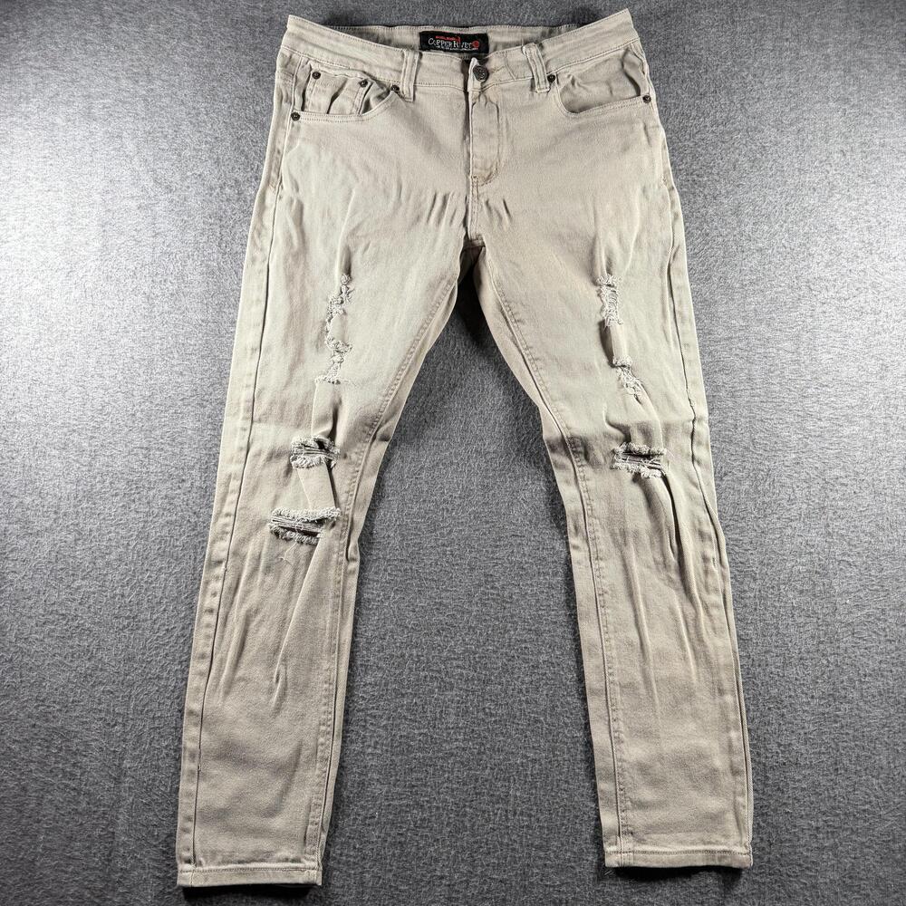 Copper Rivet Jeans Mens 33x29 Beige Skinny Slim Fit Distressed Stretch Denim